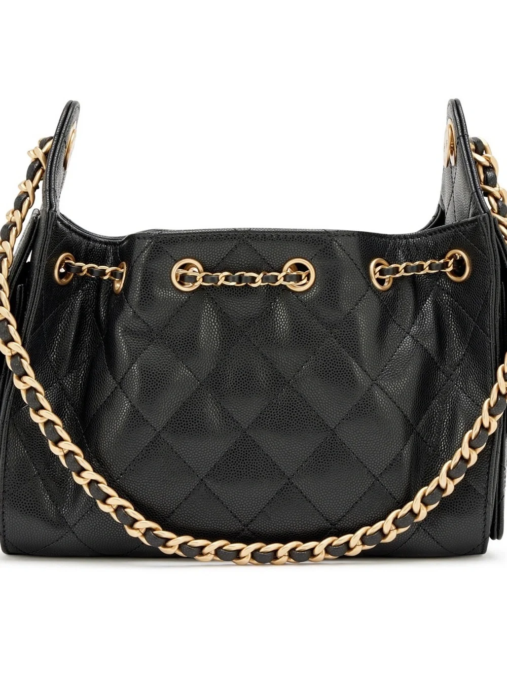 Brand New - Chanel Black Quilted Leather Drawstring Shoulder Bag with Gold Chain
